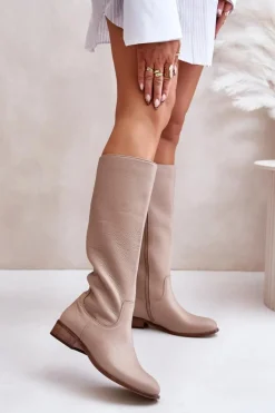 Zazoo Kozaki Płaskie|Kozaki Przed Kolano*Skórzane Kozaki Damskie Do Połowy Łydki Na Zamek Lewski 3616 Beżowe