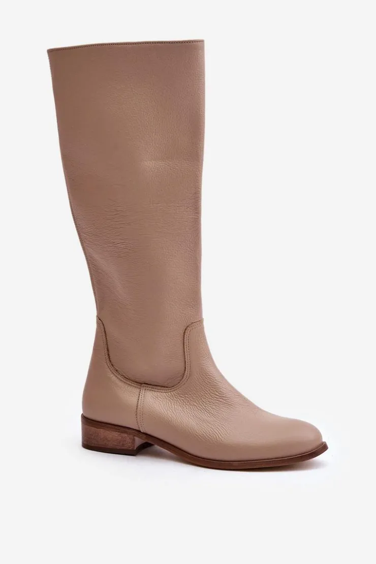 Zazoo Kozaki Płaskie|Kozaki Przed Kolano*Skórzane Kozaki Damskie Do Połowy Łydki Na Zamek Lewski 3616 Beżowe