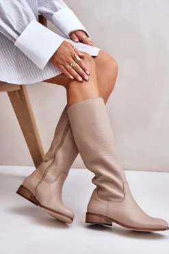 Zazoo Kozaki Płaskie|Kozaki Przed Kolano*Skórzane Kozaki Damskie Do Połowy Łydki Na Zamek Lewski 3616 Beżowe