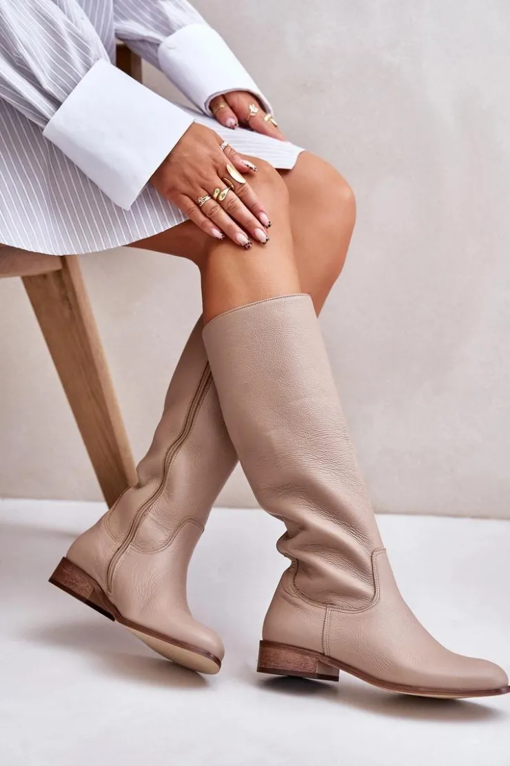 Zazoo Kozaki Płaskie|Kozaki Przed Kolano*Skórzane Kozaki Damskie Do Połowy Łydki Na Zamek Lewski 3616 Beżowe