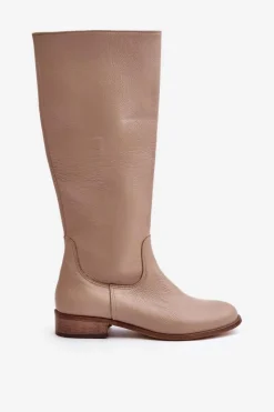Zazoo Kozaki Płaskie|Kozaki Przed Kolano*Skórzane Kozaki Damskie Do Połowy Łydki Na Zamek Lewski 3616 Beżowe