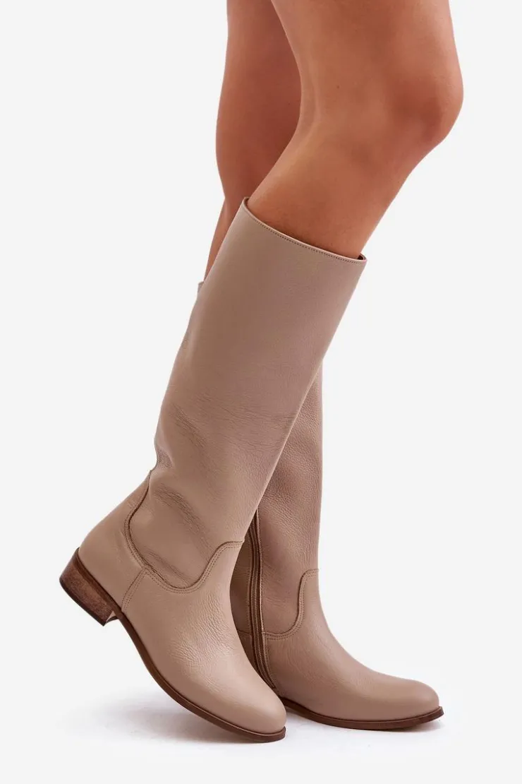 Zazoo Kozaki Płaskie|Kozaki Przed Kolano*Skórzane Kozaki Damskie Do Połowy Łydki Na Zamek Lewski 3616 Beżowe