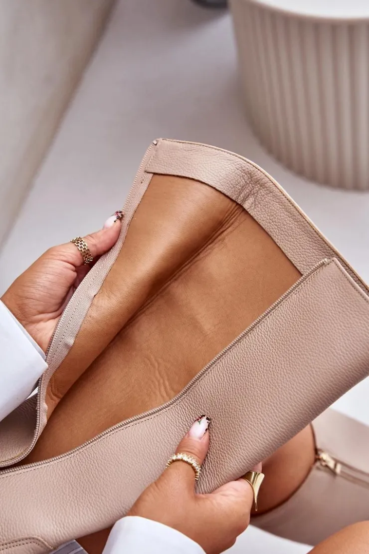 Zazoo Kozaki Płaskie|Kozaki Przed Kolano*Skórzane Kozaki Damskie Do Połowy Łydki Na Zamek Lewski 3616 Beżowe