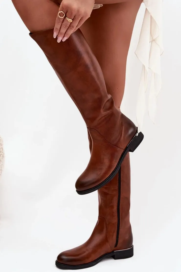 Zazoo Kozaki Ocieplane|Kozaki Płaskie*Skórzane Kozaki Damskie Na Płaskim Obcasie Ocieplane 70150 Brązowe