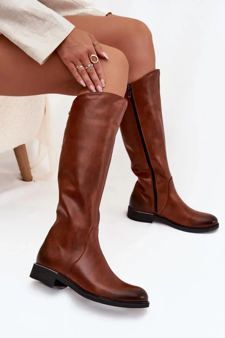 Zazoo Kozaki Ocieplane|Kozaki Płaskie*Skórzane Kozaki Damskie Na Płaskim Obcasie Ocieplane 70150 Brązowe