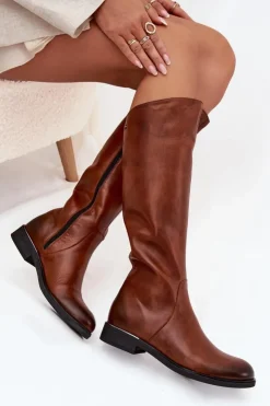 Zazoo Kozaki Ocieplane|Kozaki Płaskie*Skórzane Kozaki Damskie Na Płaskim Obcasie Ocieplane 70150 Brązowe