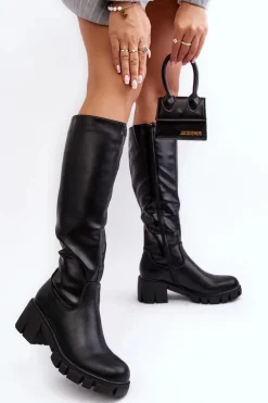 Damskie Buty damskie Vinceza Skórzane Kozaki Damskie Na Niskim Masywnym Obcasie Czarne Nienna