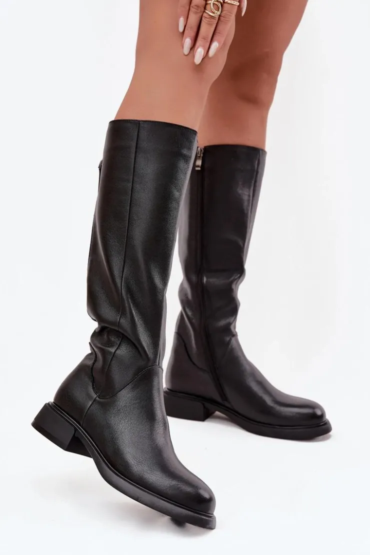 Damskie Damskie buty S.Barski Skórzane Kozaki Damskie Na Płaskim Obcasie Ocieplane D&A JC52-837 Czarne