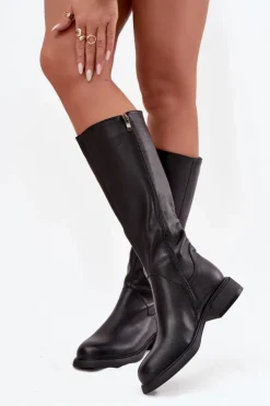 Damskie Damskie buty S.Barski Skórzane Kozaki Damskie Na Płaskim Obcasie Ocieplane D&A JC52-837 Czarne