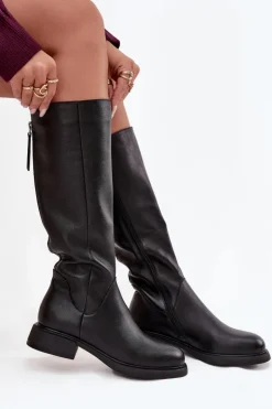 Damskie Damskie buty S.Barski Skórzane Kozaki Damskie Na Płaskim Obcasie Ocieplane D&A JC52-837 Czarne