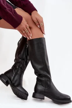 Damskie Damskie buty S.Barski Skórzane Kozaki Damskie Na Płaskim Obcasie Ocieplane D&A JC52-837 Czarne