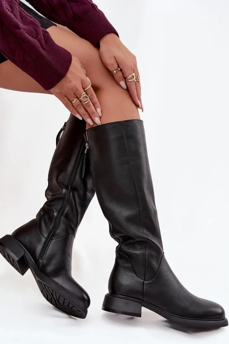 Damskie Damskie buty S.Barski Skórzane Kozaki Damskie Na Płaskim Obcasie Ocieplane D&A JC52-837 Czarne