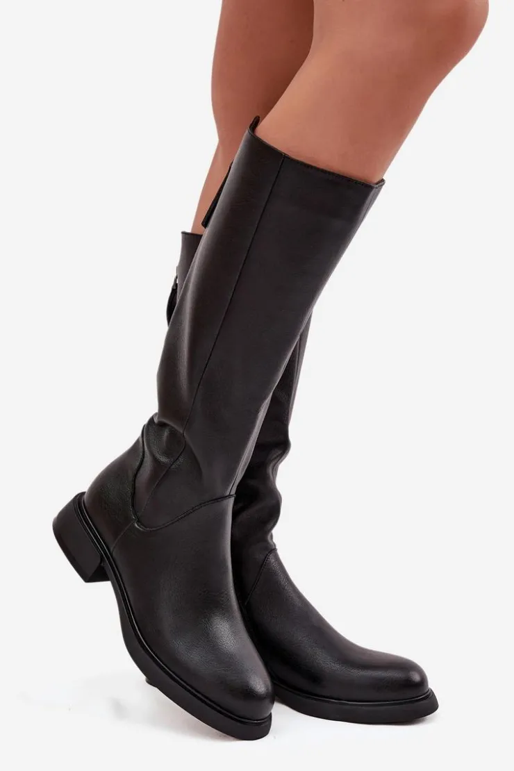 Damskie Damskie buty S.Barski Skórzane Kozaki Damskie Na Płaskim Obcasie Ocieplane D&A JC52-837 Czarne