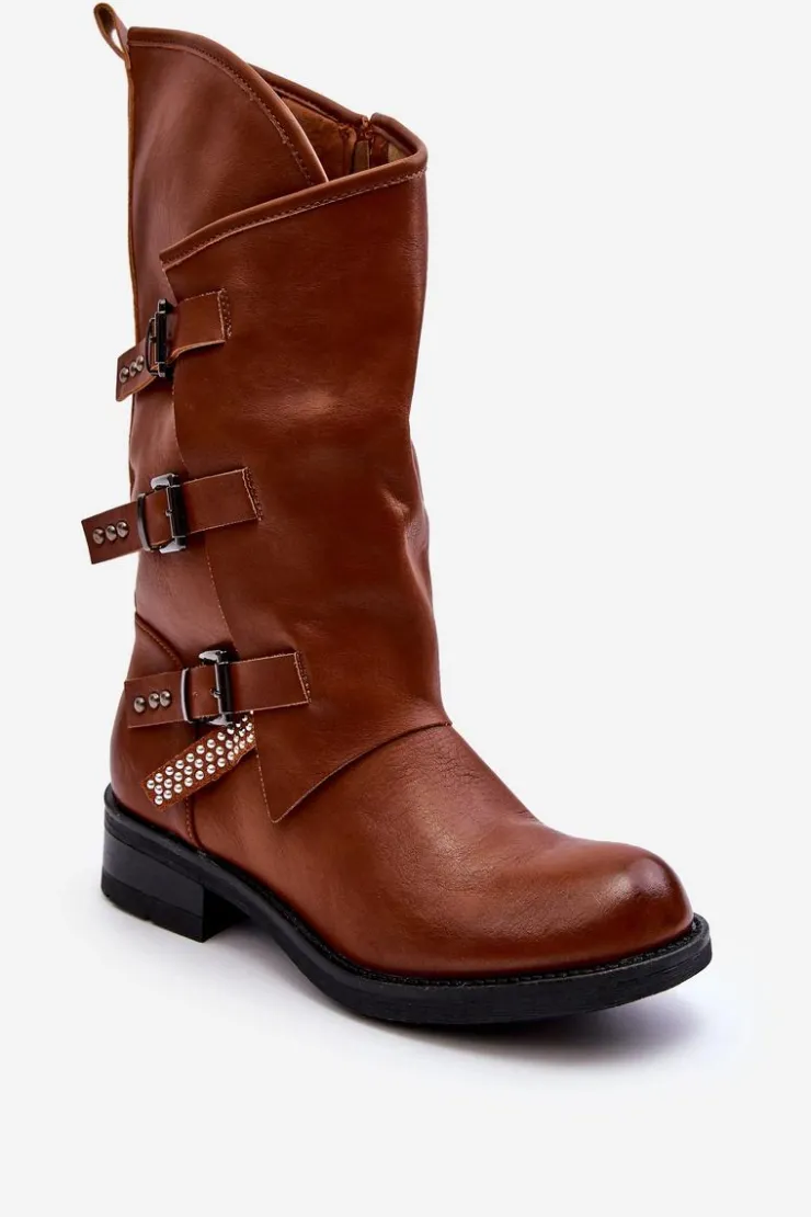 Damskie Boto Skórzane Kozaki Damskie Na Płaskim Obcasie Brązowe Nyreo