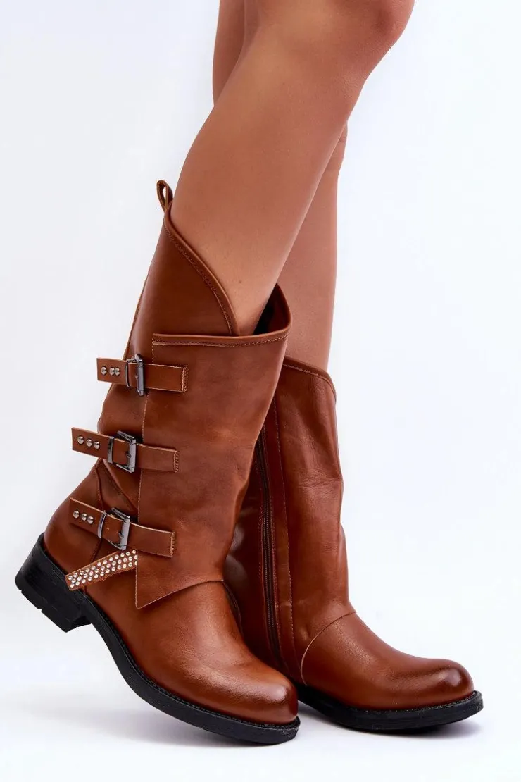 Damskie Boto Skórzane Kozaki Damskie Na Płaskim Obcasie Brązowe Nyreo