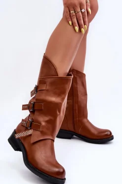 Damskie Boto Skórzane Kozaki Damskie Na Płaskim Obcasie Brązowe Nyreo