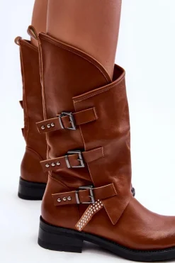 Damskie Boto Skórzane Kozaki Damskie Na Płaskim Obcasie Brązowe Nyreo