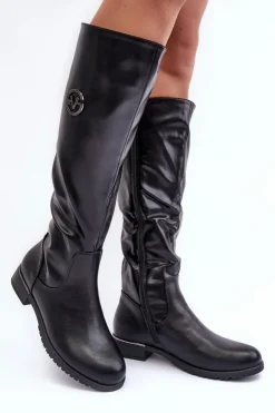 Buty damskie Vinceza Kozaki Płaskie|Kozaki Przed Kolano*Skórzane Kozaki Damskie Na Płaskim Obcasie Czarne Albuna