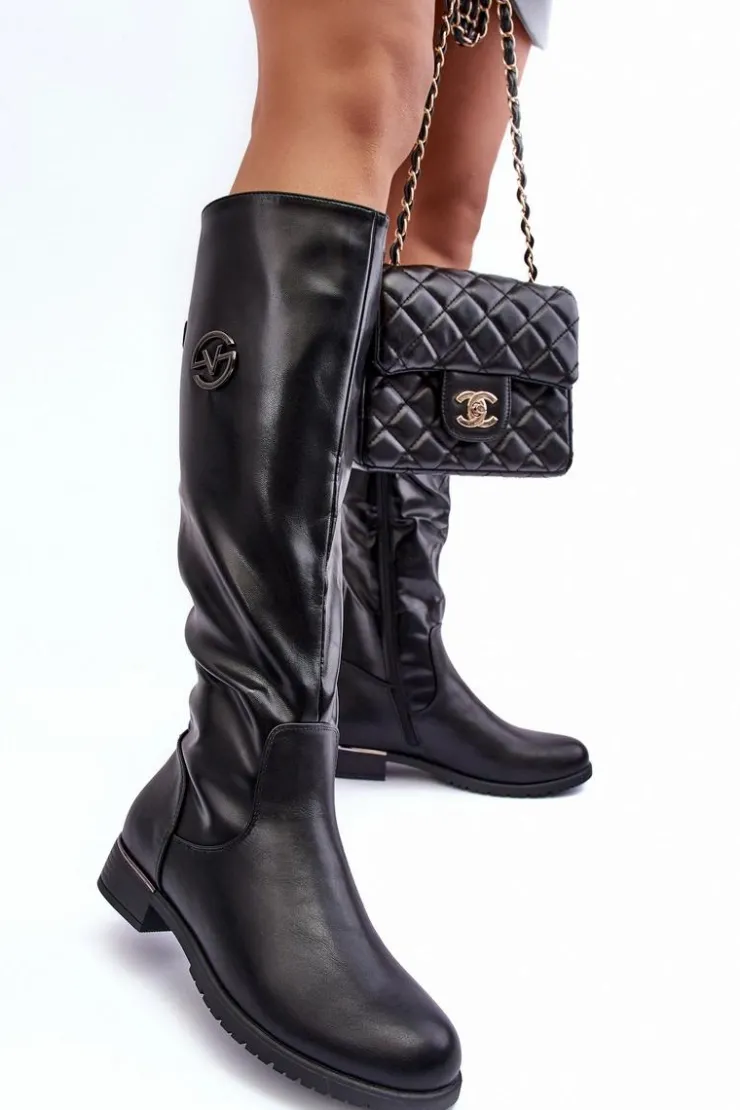 Buty damskie Vinceza Kozaki Płaskie|Kozaki Przed Kolano*Skórzane Kozaki Damskie Na Płaskim Obcasie Czarne Albuna