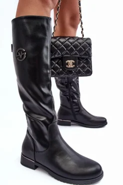 Buty damskie Vinceza Kozaki Płaskie|Kozaki Przed Kolano*Skórzane Kozaki Damskie Na Płaskim Obcasie Czarne Albuna