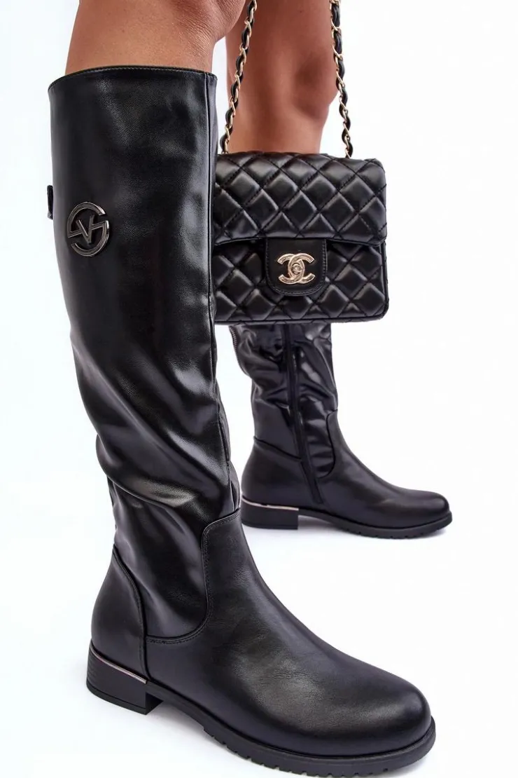 Buty damskie Vinceza Kozaki Płaskie|Kozaki Przed Kolano*Skórzane Kozaki Damskie Na Płaskim Obcasie Czarne Albuna