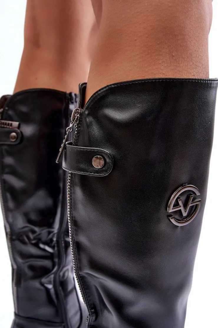 Buty damskie Vinceza Kozaki Płaskie|Kozaki Przed Kolano*Skórzane Kozaki Damskie Na Płaskim Obcasie Czarne Albuna