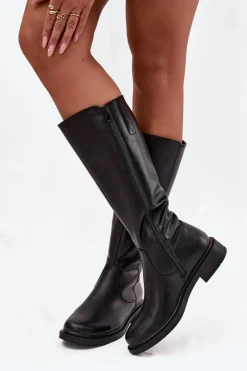 Buty Sergio Leone Kozaki Ocieplane|Muszkieterki*Skórzane Kozaki Damskie Ocieplane Na Płaskim Obcasie Sergio Leone KZ25600-S Czarne