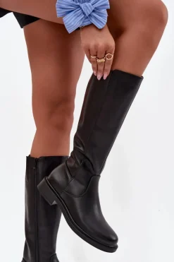 Buty Sergio Leone Kozaki Ocieplane|Muszkieterki*Skórzane Kozaki Damskie Ocieplane Na Płaskim Obcasie Sergio Leone KZ25600-S Czarne