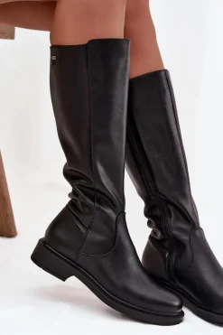 Buty Sergio Leone Kozaki Ocieplane|Muszkieterki*Skórzane Kozaki Damskie Ocieplane Na Płaskim Obcasie Sergio Leone KZ25600-S Czarne