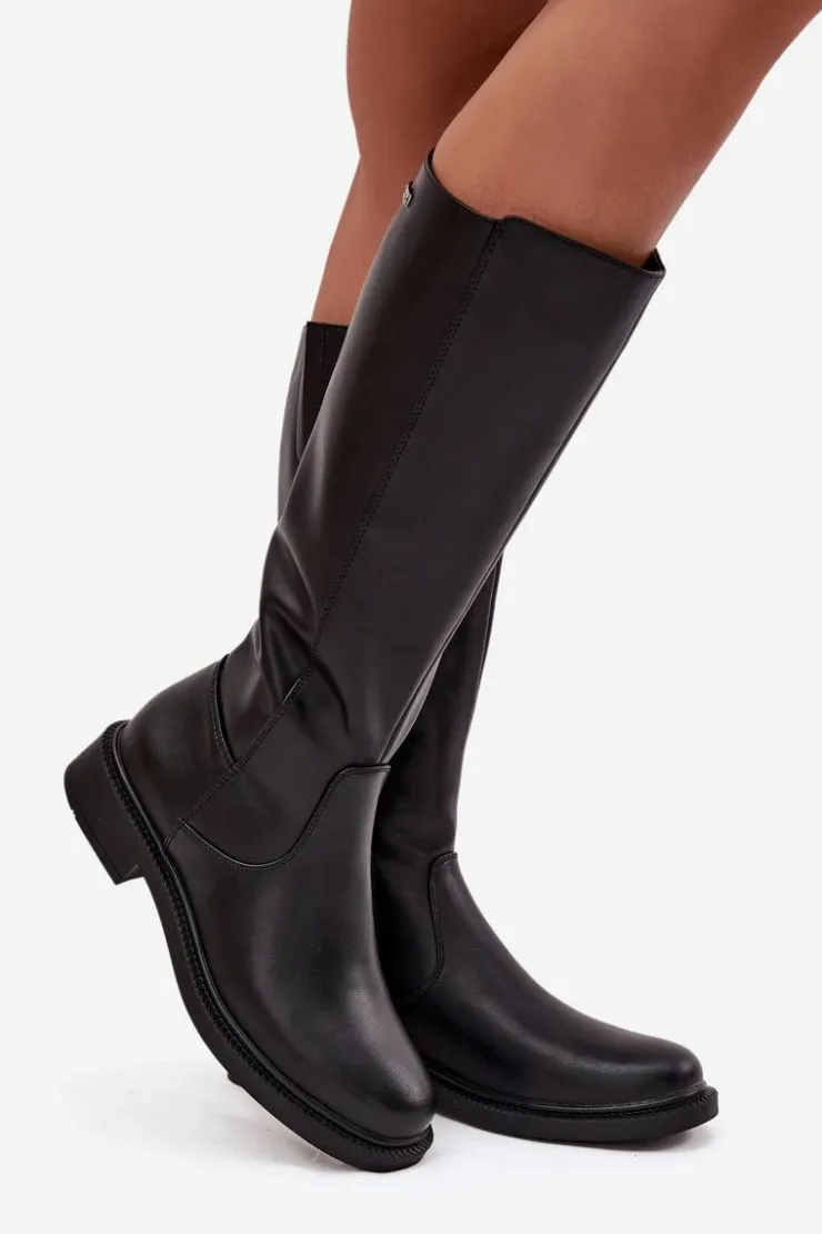 Buty Sergio Leone Kozaki Ocieplane|Muszkieterki*Skórzane Kozaki Damskie Ocieplane Na Płaskim Obcasie Sergio Leone KZ25600-S Czarne