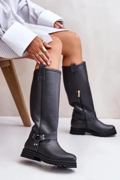 Zazoo Kozaki Płaskie|Brązowe Kozaki Damskie*Skórzane Kozaki Damskie Przed Kolano Lewski 3615 Czarne Czarny