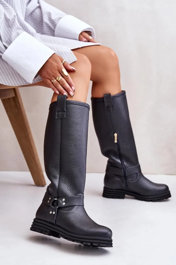 Zazoo Kozaki Płaskie|Brązowe Kozaki Damskie*Skórzane Kozaki Damskie Przed Kolano Lewski 3615 Czarne Czarny