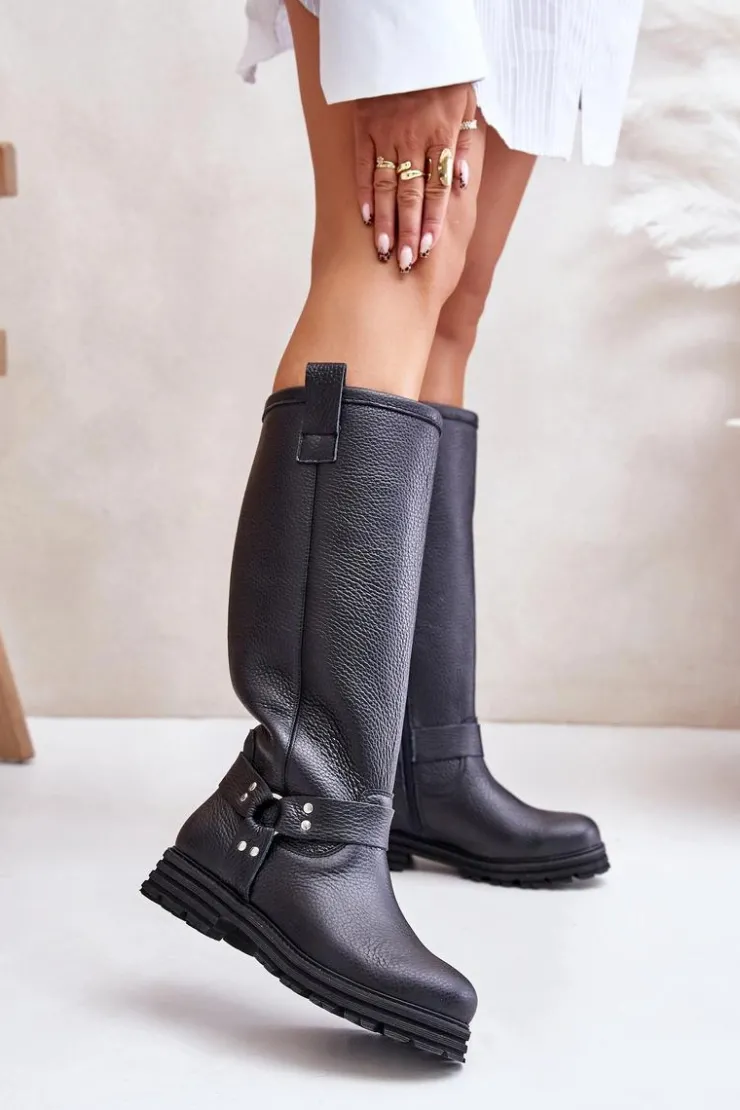 Zazoo Kozaki Płaskie|Brązowe Kozaki Damskie*Skórzane Kozaki Damskie Przed Kolano Lewski 3615 Czarne Czarny