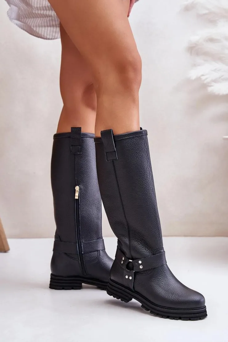 Zazoo Kozaki Płaskie|Brązowe Kozaki Damskie*Skórzane Kozaki Damskie Przed Kolano Lewski 3615 Czarne Czarny