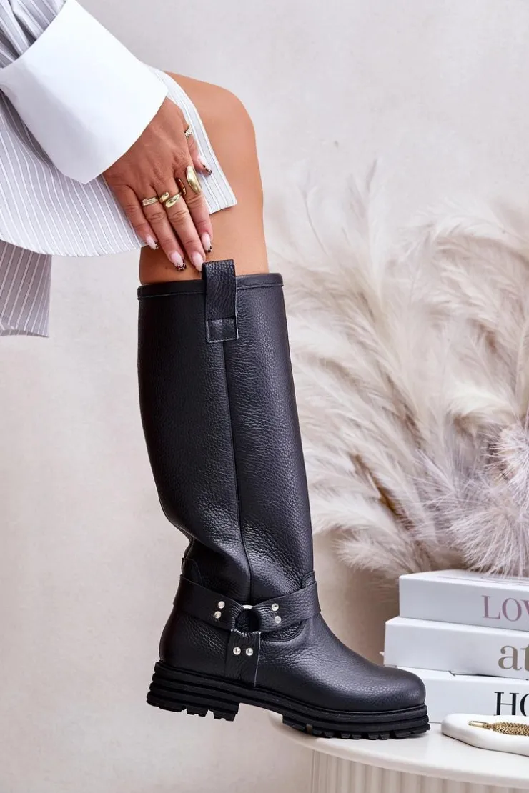 Zazoo Kozaki Płaskie|Brązowe Kozaki Damskie*Skórzane Kozaki Damskie Przed Kolano Lewski 3615 Czarne Czarny