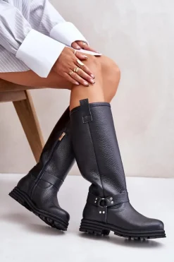 Zazoo Kozaki Płaskie|Brązowe Kozaki Damskie*Skórzane Kozaki Damskie Przed Kolano Lewski 3615 Czarne Czarny