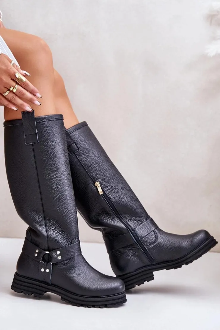 Zazoo Kozaki Płaskie|Brązowe Kozaki Damskie*Skórzane Kozaki Damskie Przed Kolano Lewski 3615 Czarne Czarny