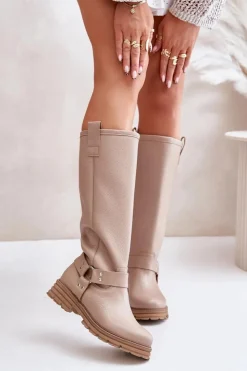 Damskie Zazoo Skórzane Kozaki Damskie Przed Kolano Lewski 3615 Beżowe