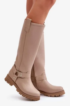 Damskie Zazoo Skórzane Kozaki Damskie Przed Kolano Lewski 3615 Beżowe