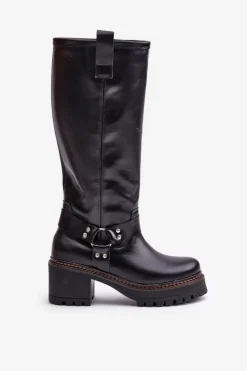Damskie Boto Skórzane Kozaki Damskie Przed Kolano Lewski 3432 Czarne