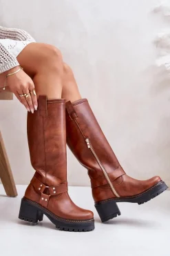 Damskie Boto Skórzane Kozaki Damskie Przed Kolano Lewski 3432 Camel