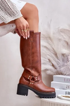 Damskie Boto Skórzane Kozaki Damskie Przed Kolano Lewski 3432 Camel