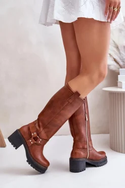 Damskie Boto Skórzane Kozaki Damskie Przed Kolano Lewski 3432 Camel