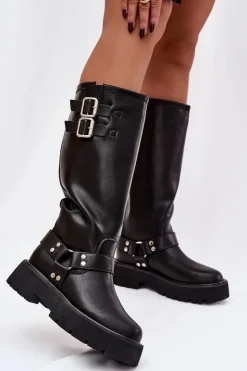 Sale Big Star Shoes Skórzane Kozaki Damskie Z Klamrami Ocieplane Big Star OO274A180 Czarne Czarny