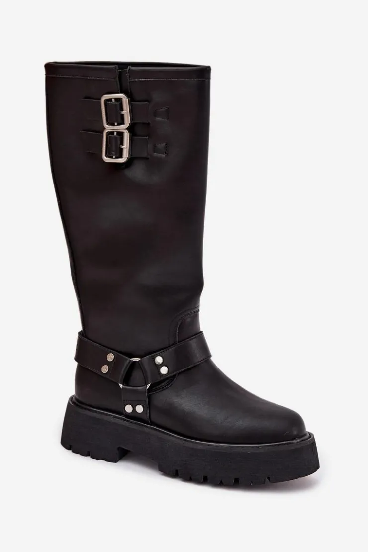 Sale Big Star Shoes Skórzane Kozaki Damskie Z Klamrami Ocieplane Big Star OO274A180 Czarne Czarny