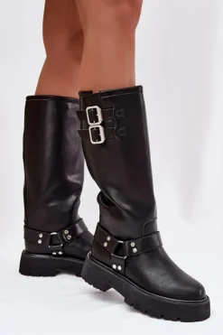 Sale Big Star Shoes Skórzane Kozaki Damskie Z Klamrami Ocieplane Big Star OO274A180 Czarne Czarny