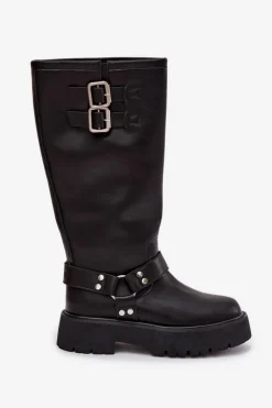 Sale Big Star Shoes Skórzane Kozaki Damskie Z Klamrami Ocieplane Big Star OO274A180 Czarne Czarny