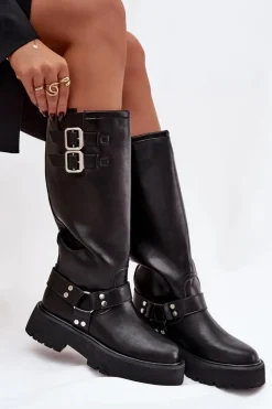 Sale Big Star Shoes Skórzane Kozaki Damskie Z Klamrami Ocieplane Big Star OO274A180 Czarne Czarny