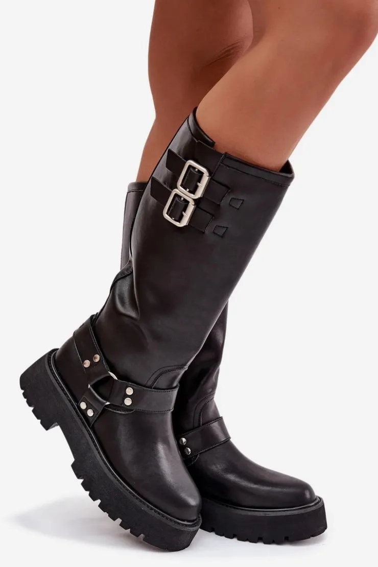 Sale Big Star Shoes Skórzane Kozaki Damskie Z Klamrami Ocieplane Big Star OO274A180 Czarne Czarny