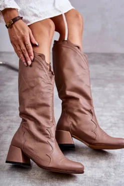 Boto Kozaki Wiosenne|Kozaki Przed Kolano*Skórzane Kozaki Do Kolana Ciemnobeżowe Andreia